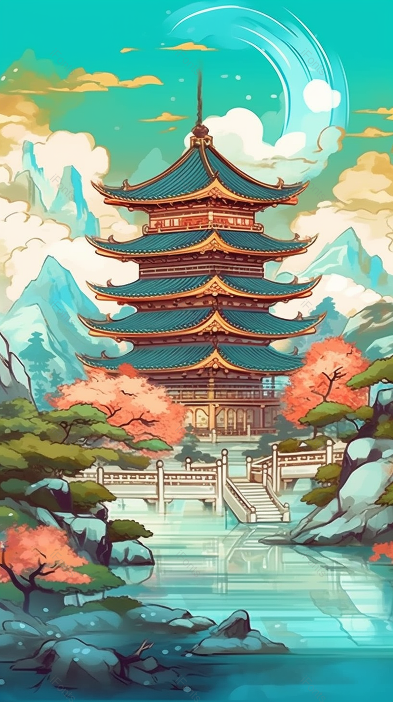 复古国风湖面建筑插画,插画/手绘图,插画/手绘图库,插画/手绘图下载,插画/手绘